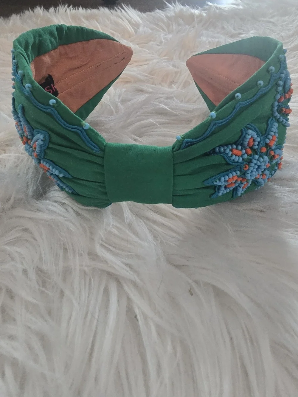 Green Beaded Embroidered Padded Headband by AAMJDOSH